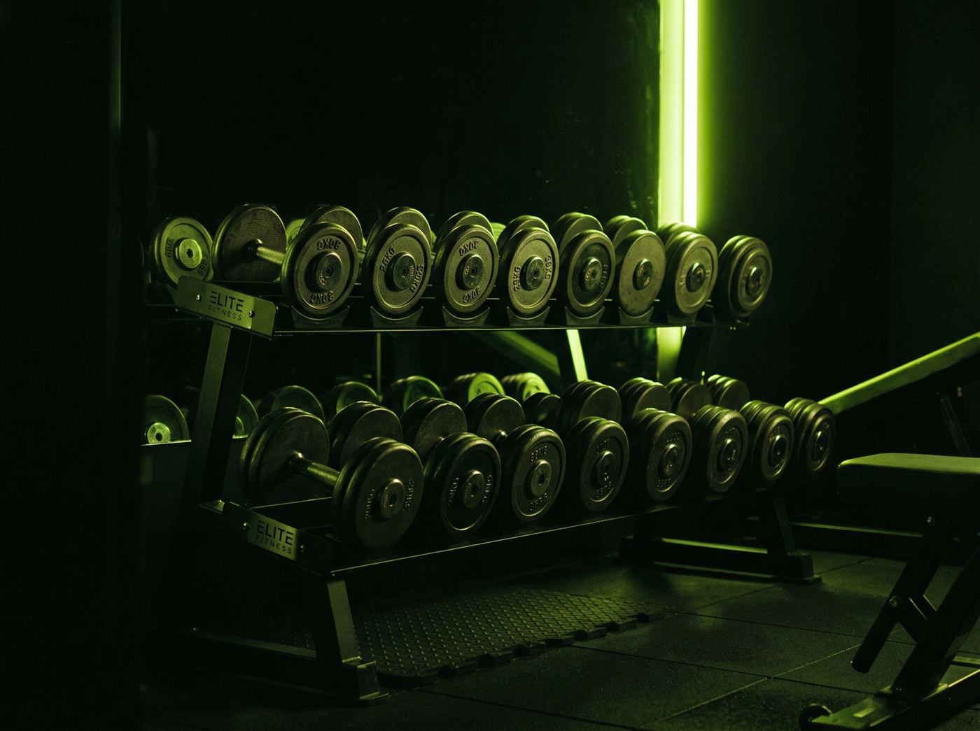 Racks y pesas libres del piso de entrenamiento de Forja Club